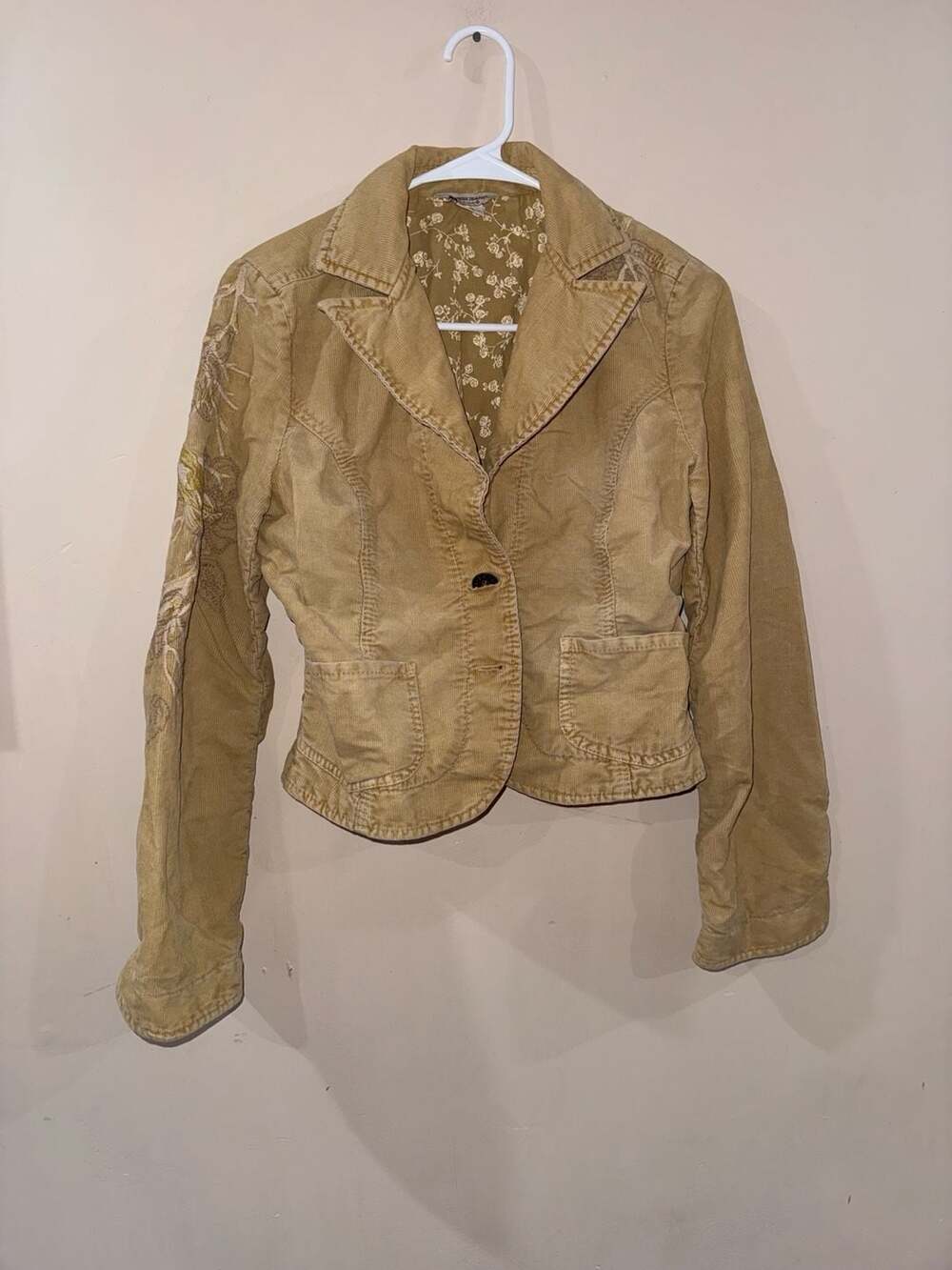 Guess Jeans Corduroy Jacket Size M Floral Embroidered Tan Blazer